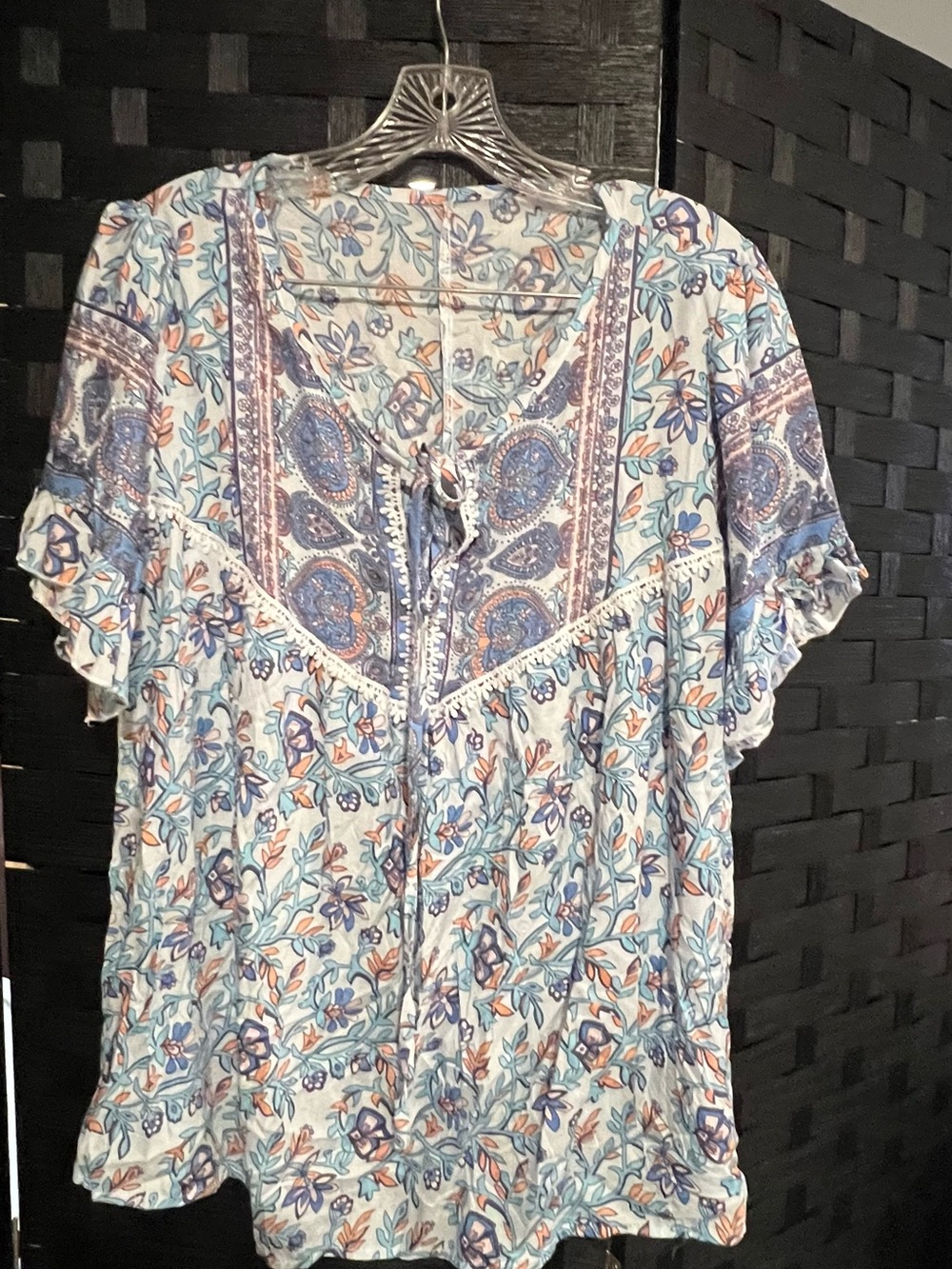 SHEIN Blue Floral Tie-Front Boho Blouse